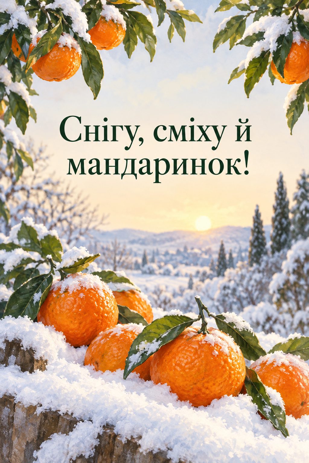 Листівка з першим днем зими: мандарини із зеленими листочками на свіжому снігу, напис «Снігу, сміху й мандаринок!»