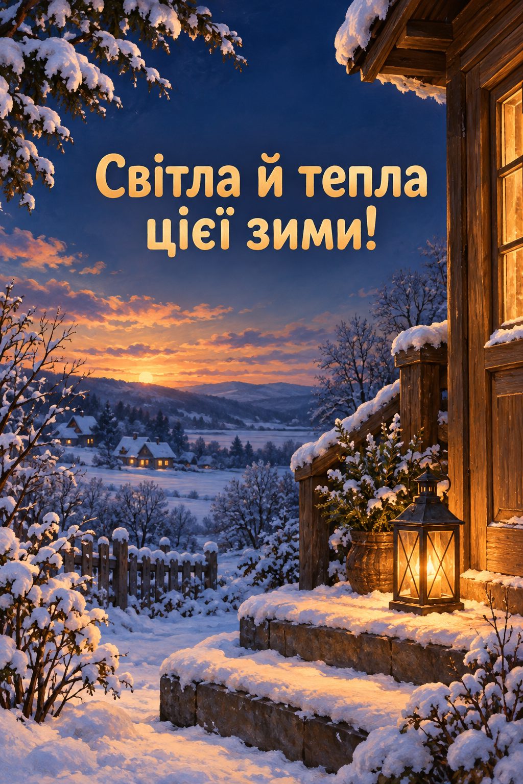 Листівка з першим днем зими: запалений ліхтар на засніжених сходах дерев'яного будинку, напис «Світла й тепла цієї зими!»