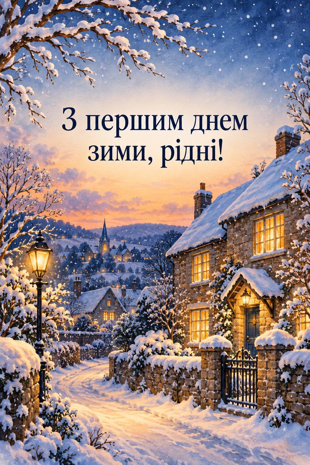 Листівка з першим днем зими: будинок з освітленими вікнами на засніженій вечірній вулиці, напис «З першим днем зими, рідні!»