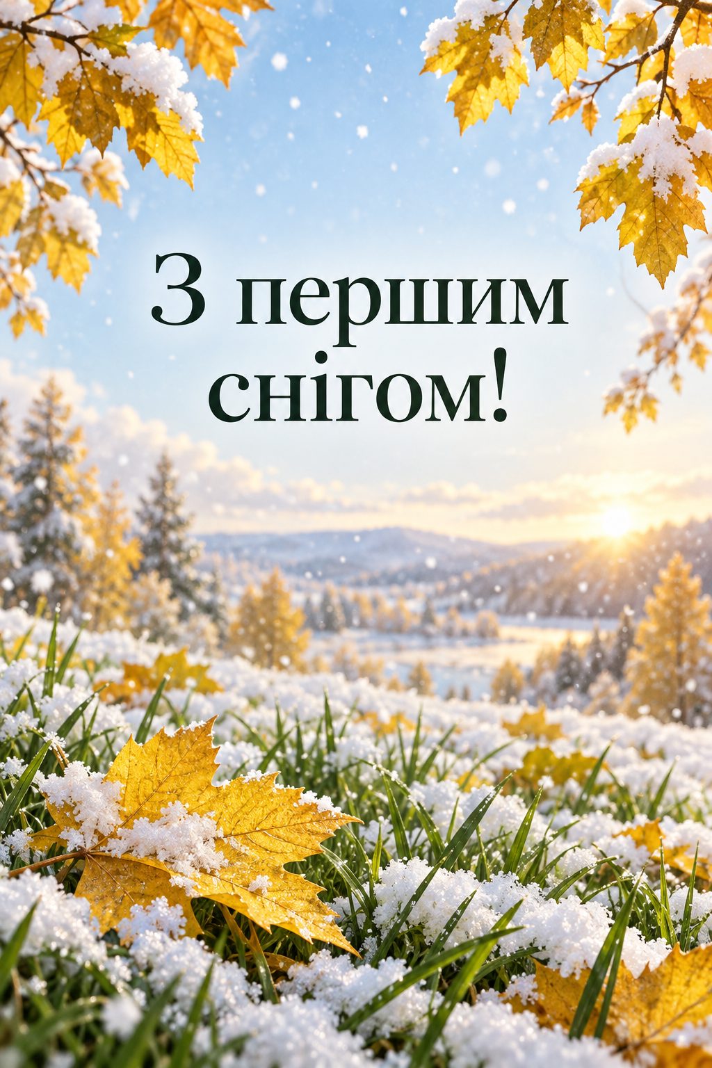 Листівка з першим днем зими: перші сніжинки на жовтому листі й зеленій траві, напис «З першим снігом!»
