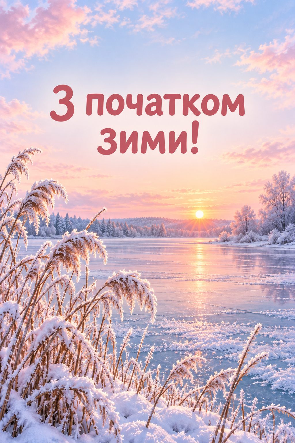 Листівка з першим днем зими: замерзле озеро на світанку й очерет в інеї, напис «З початком зими!»