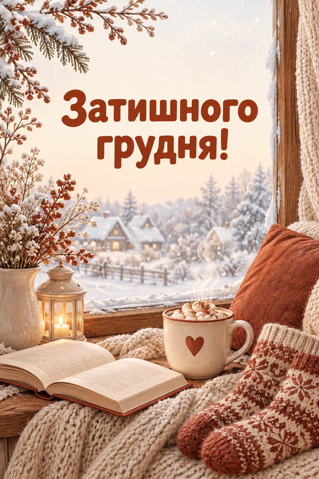 Листівка з першим днем зими: вовняні шкарпетки, книжка й какао на підвіконні, напис «Затишного грудня!»