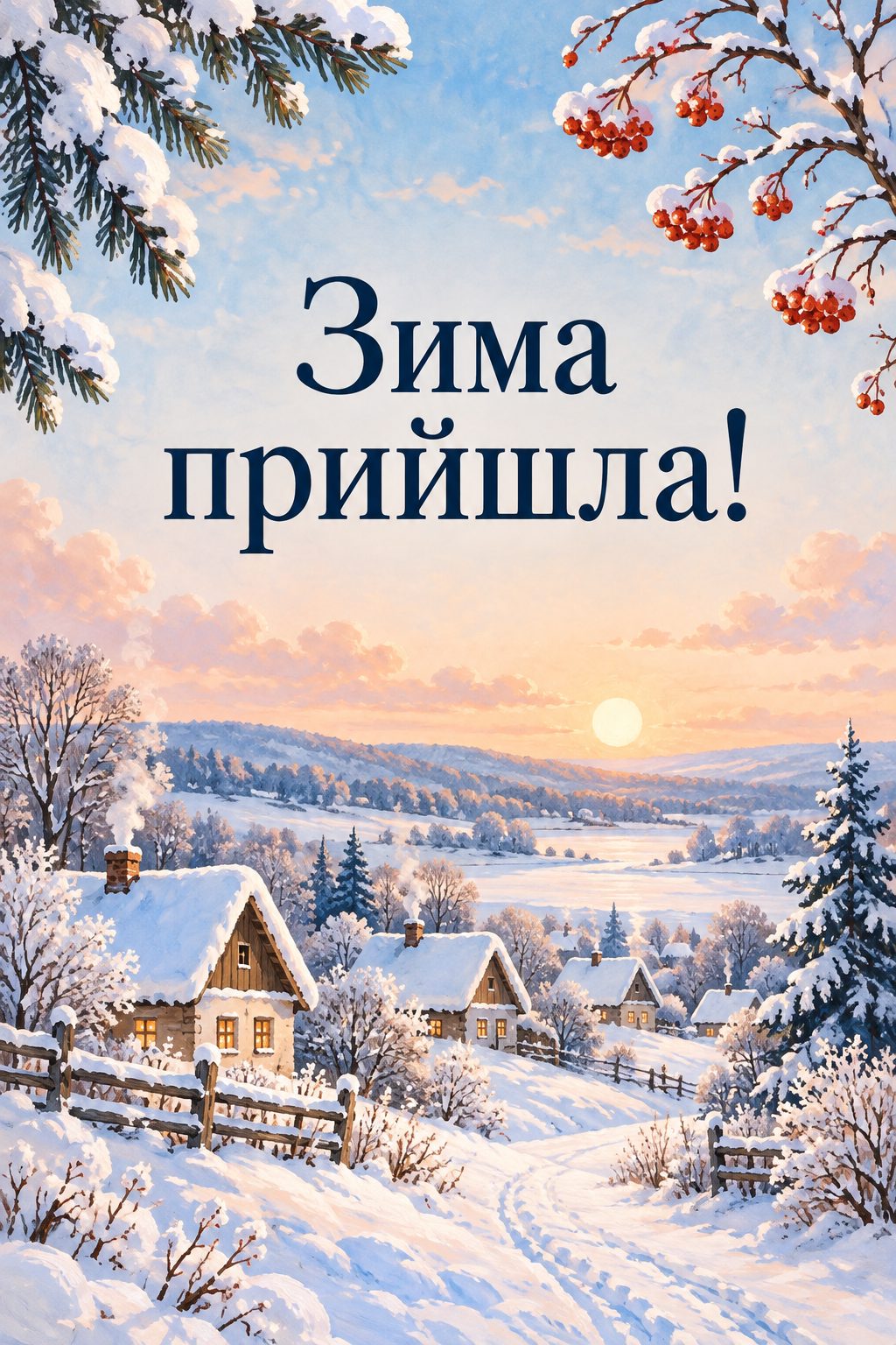 Листівка з першим днем зими: село із засніженими дахами й димом із коминів, напис «Зима прийшла!»