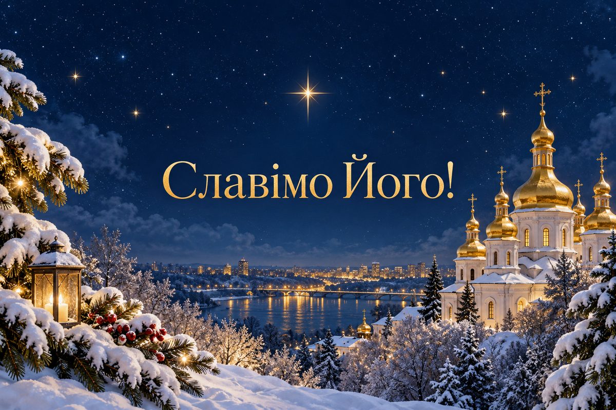 Листівка з Різдвом Христовим: золоті бані під зоряним небом, напис «Славімо Його!»
