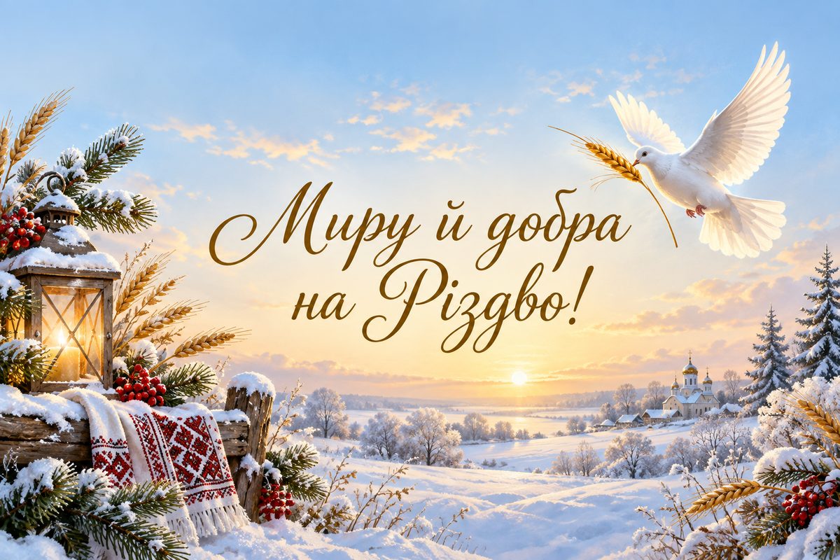 Листівка з Різдвом Христовим: голуб із колоском над полем, напис «Миру й добра на Різдво!»