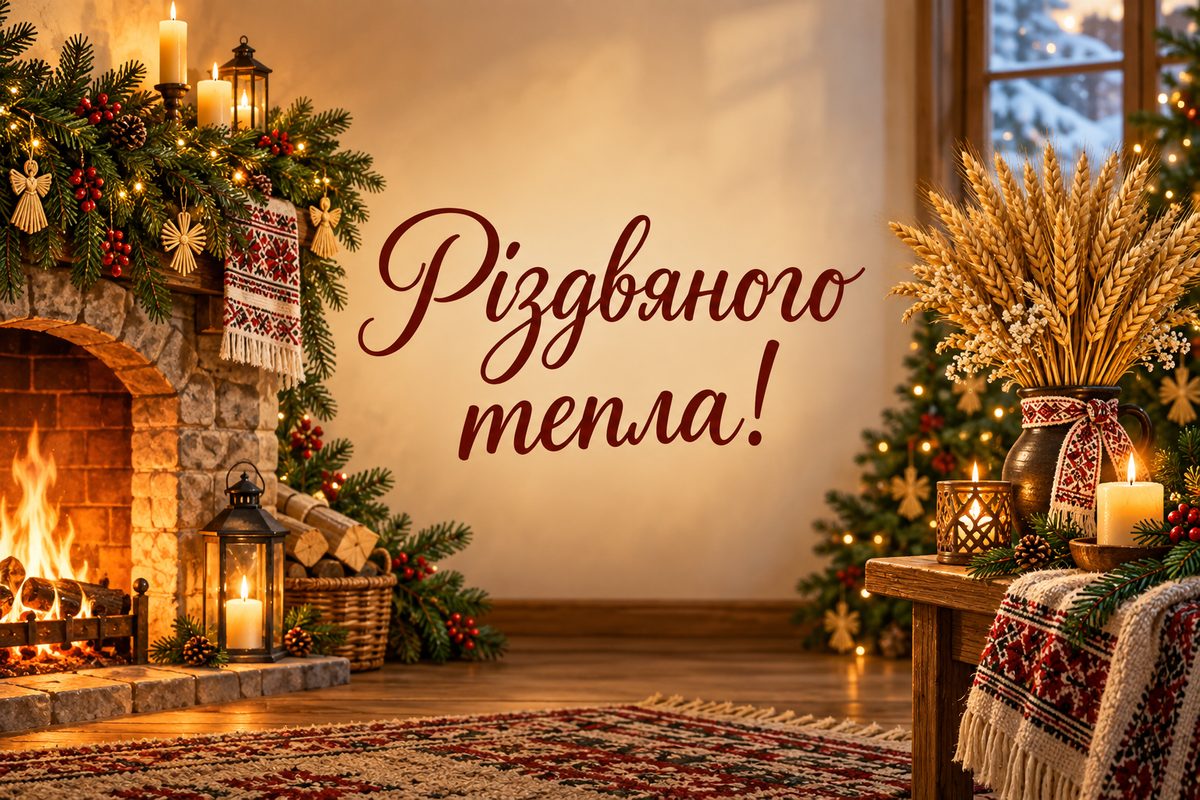 Листівка з Різдвом Христовим: камін із гірляндою та свічками, напис «Різдвяного тепла!»