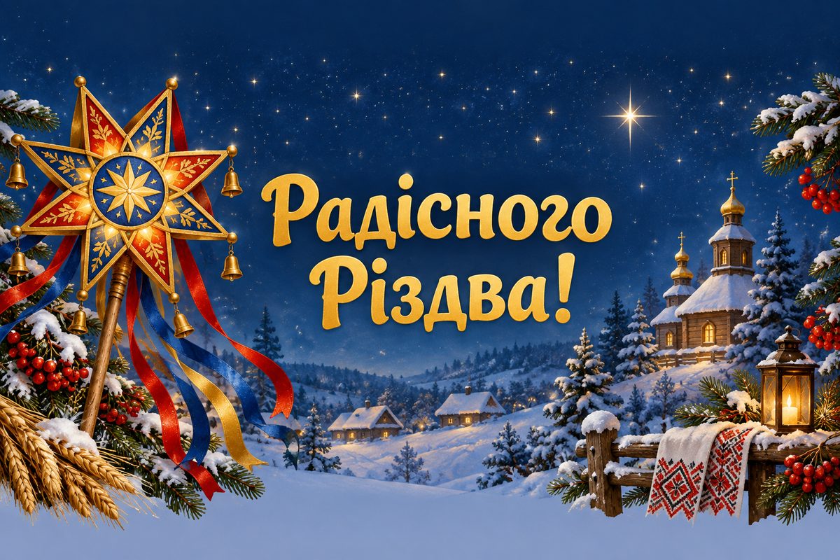 Листівка з Різдвом Христовим: колядницька зірка зі стрічками, напис «Радісного Різдва!»