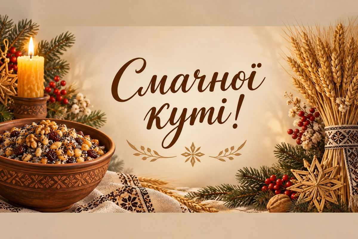 Листівка з Різдвом Христовим: кутя зі свічкою й снопом, напис «Смачної куті!»