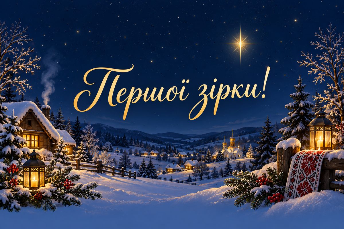 Листівка з Різдвом Христовим: перша вечірня зірка над селом, напис «Першої зірки!»