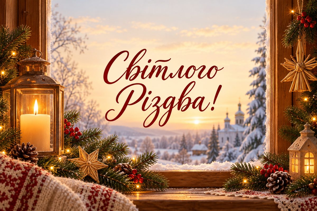 Листівка з Різдвом Христовим: свічка на підвіконні з гілкою ялиці, напис «Світлого Різдва!»