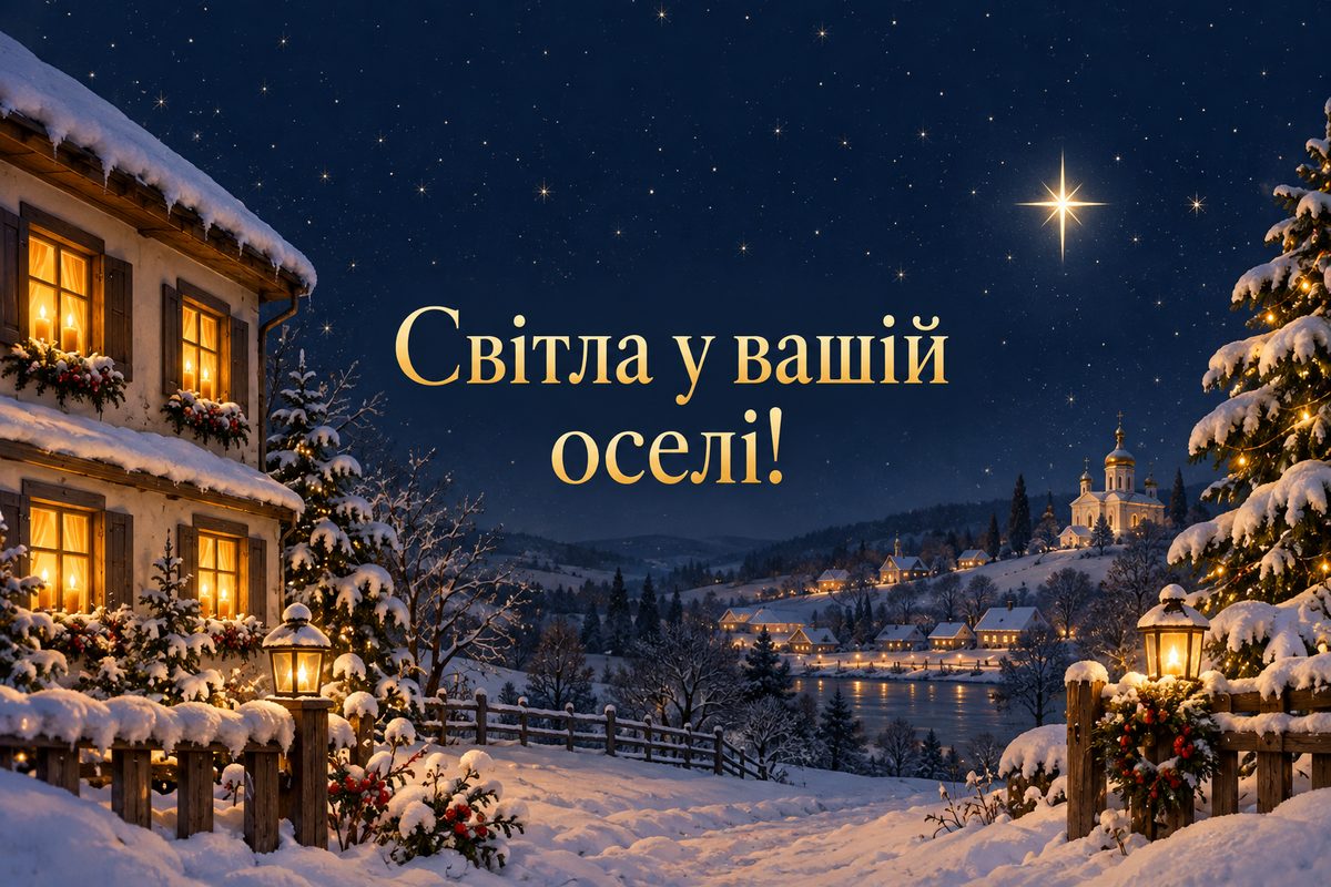 Листівка з Різдвом Христовим: свічки в кожному вікні будинку, напис «Світла у вашій оселі!»