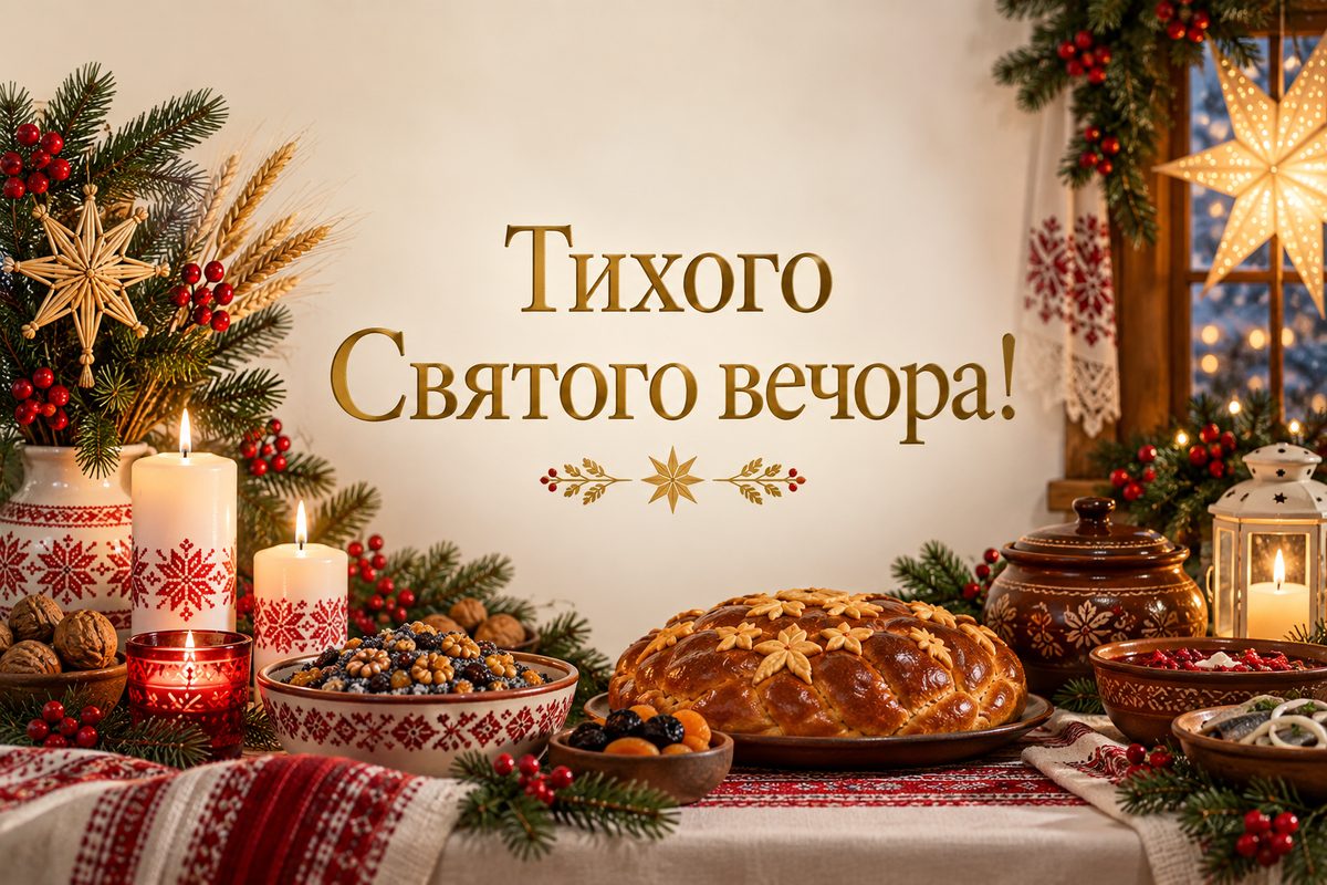 Листівка з Різдвом Христовим: стіл до Святої вечері зі свічками, напис «Тихого Святого вечора!»