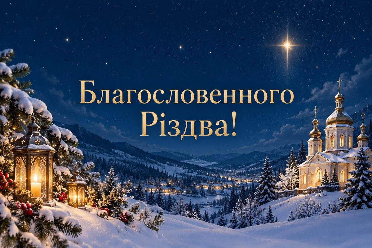 Листівка з Різдвом Христовим: освітлена церква взимку вночі, напис «Благословенного Різдва!»