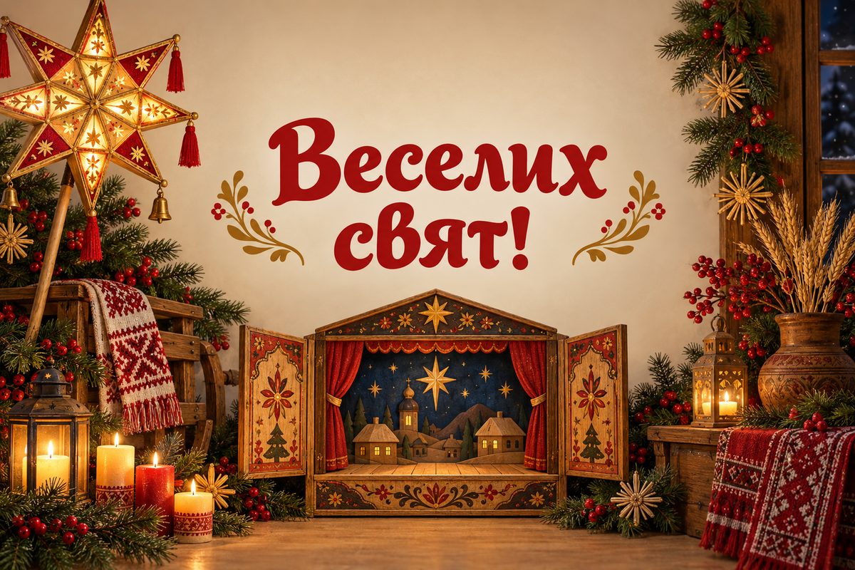 Листівка з Різдвом Христовим: скринька вертепу зі свічками, напис «Веселих свят!»