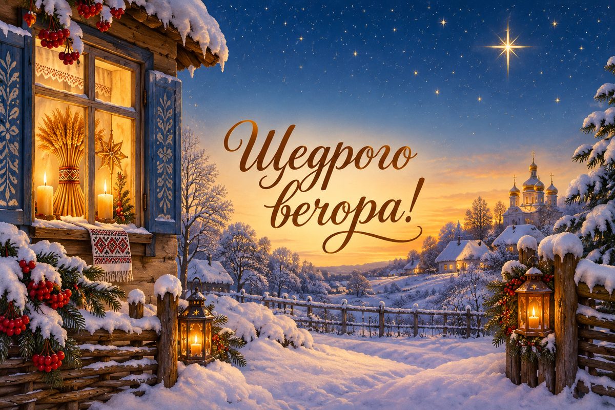 Листівка з Різдвом Христовим: вікно з дідухом і свічками, напис «Щедрого вечора!»