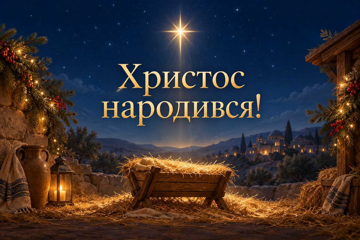 Листівка з Різдвом Христовим: зірка над яслами із сіном, напис «Христос народився!»