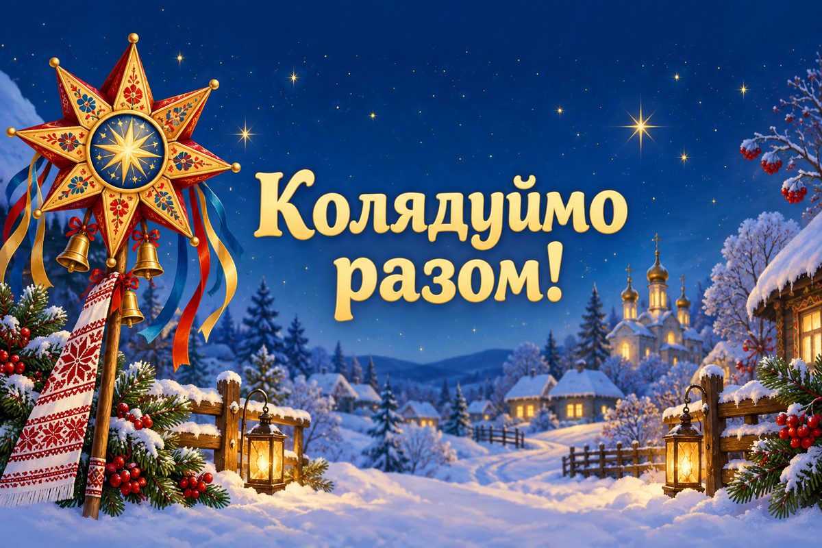 Листівка з Різдвом Христовим: колядницька зірка на засніженій вулиці, напис «Колядуймо разом!»