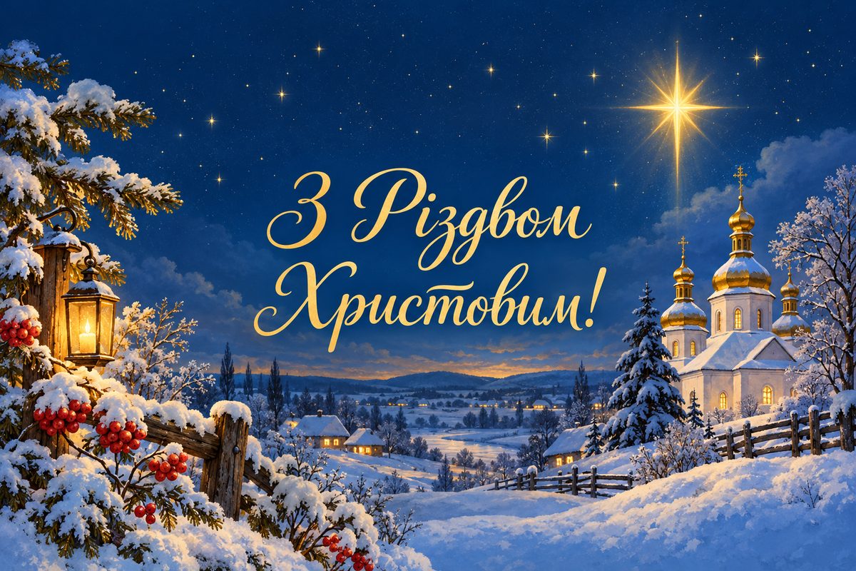 Листівка з Різдвом Христовим: різдвяна зірка над сільською церквою, напис «З Різдвом Христовим!»