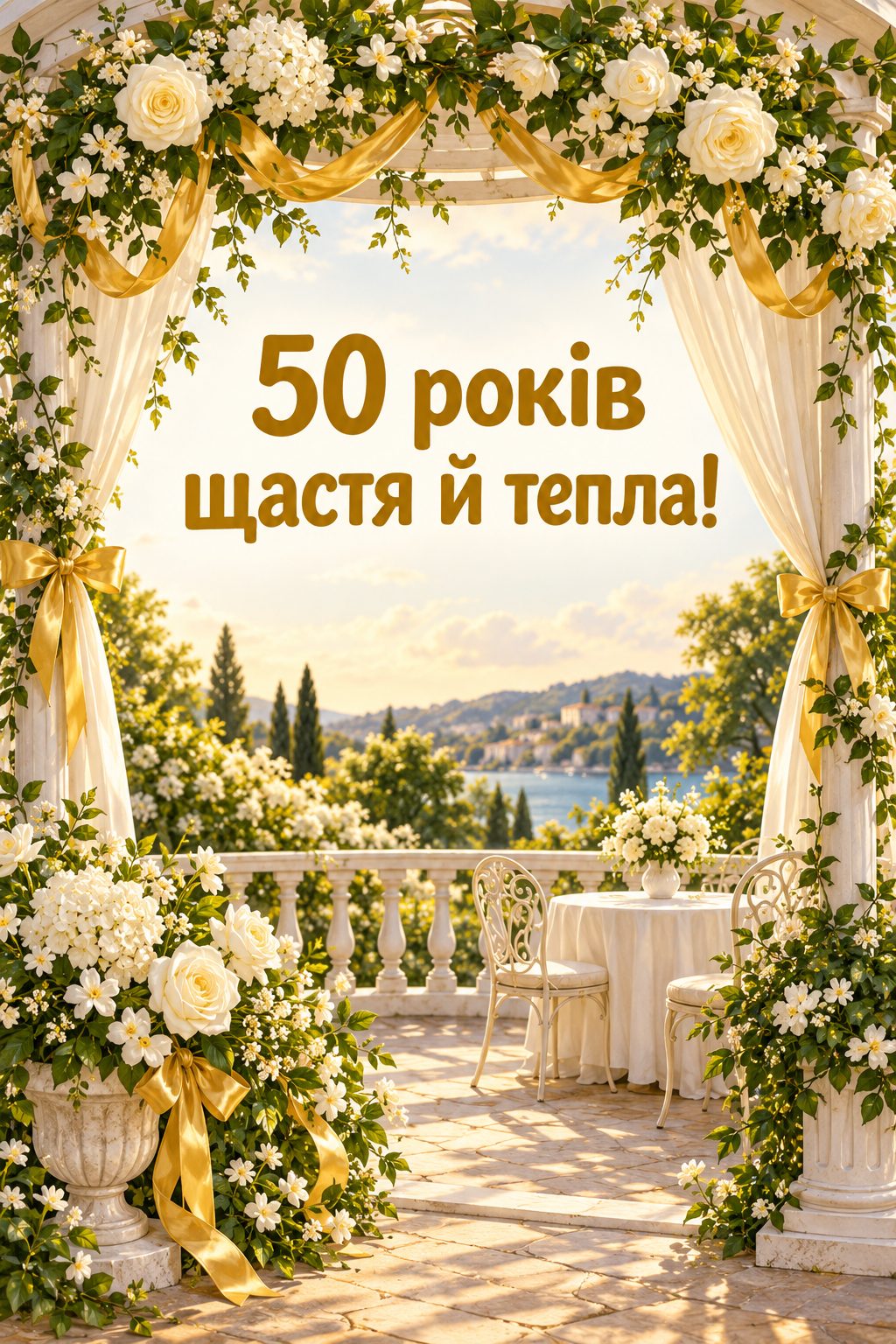 Листівка з ювілеєм: садова альтанка у квітах і золотих стрічках, напис «50 років щастя й тепла!»