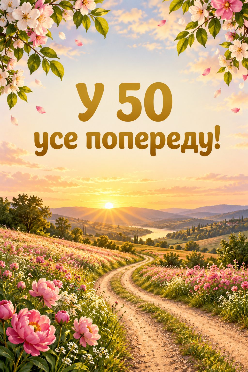 Листівка з ювілеєм: дорога через квітучі поля назустріч світанку, напис «У 50 усе попереду!»