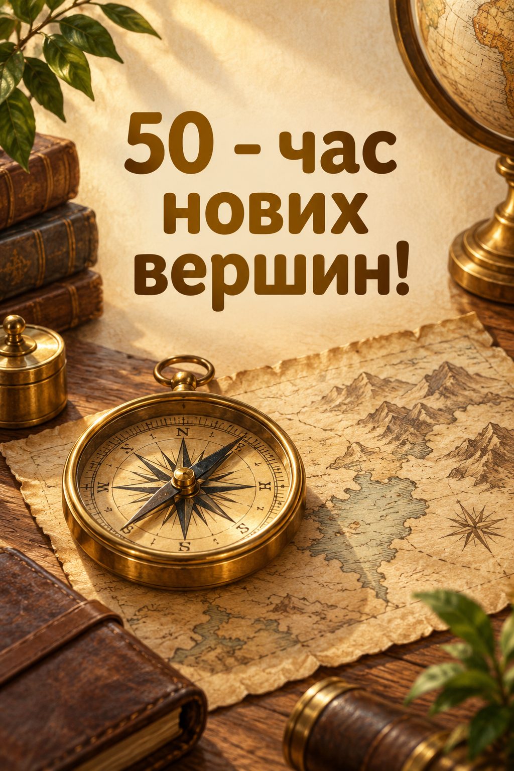 Листівка з ювілеєм: латунний компас і стара мапа на дерев'яному столі, напис «50 - час нових вершин!»