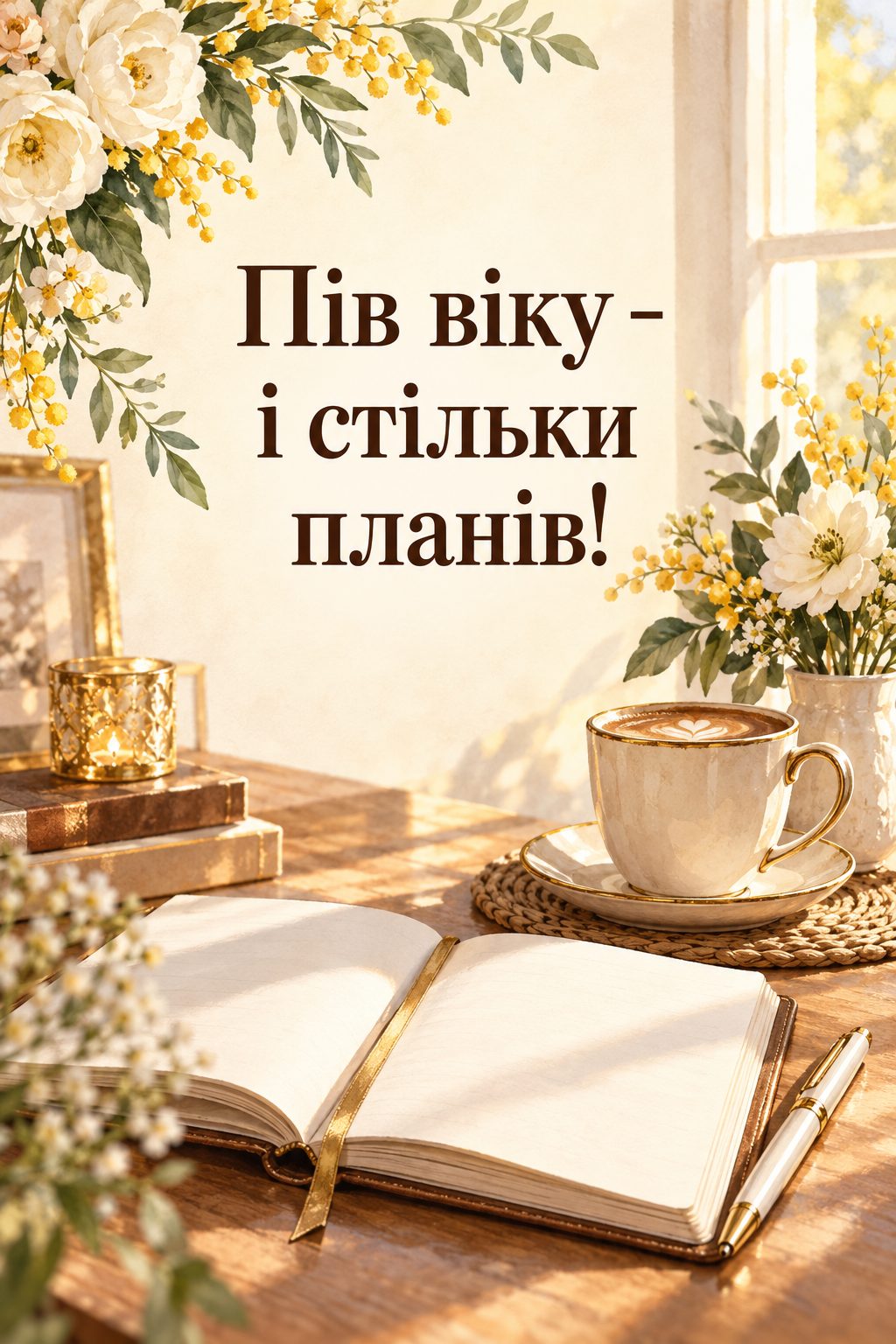 Листівка з ювілеєм: розгорнутий записник, ручка й кава біля сонячного вікна, напис «Пів віку - і стільки планів!»