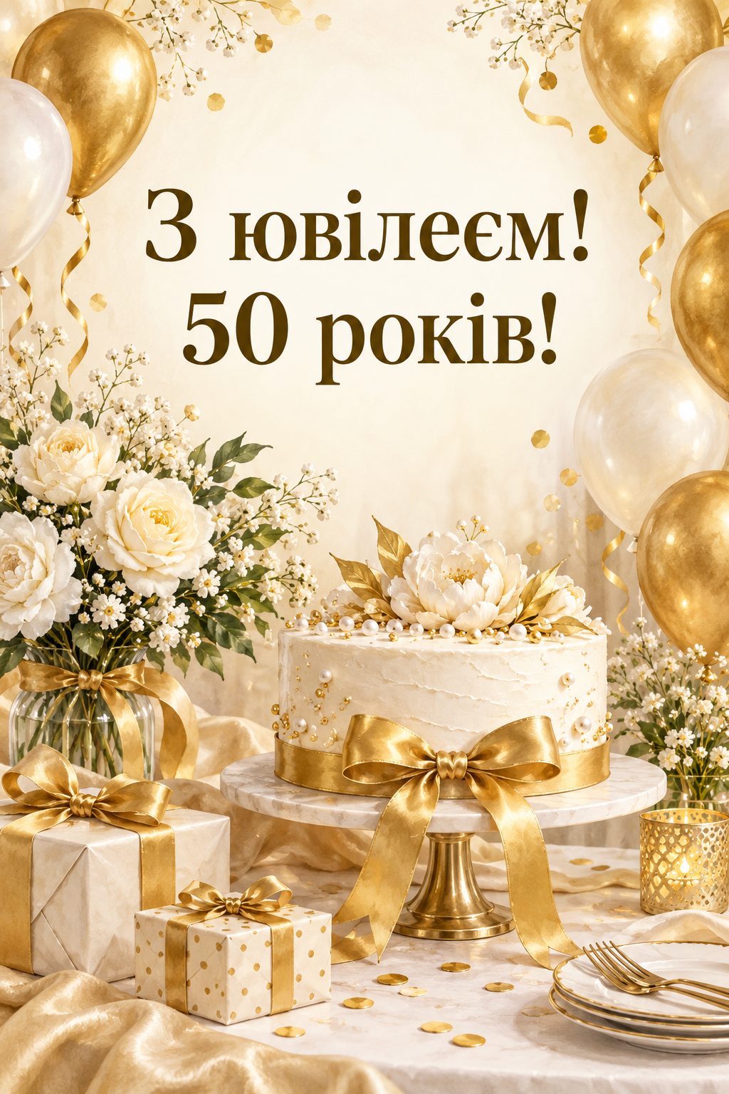 Листівка з ювілеєм: святковий стіл із білим тортом і золотими стрічками, золоті й білі кульки, напис «З ювілеєм! 50 років!»