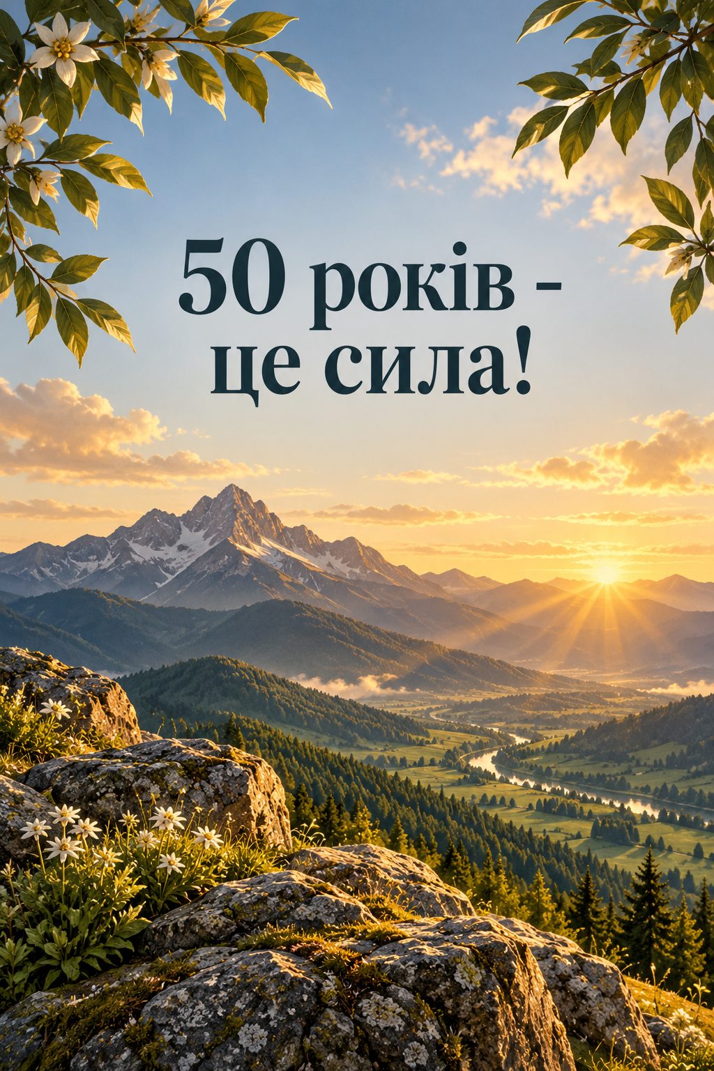 Листівка з ювілеєм: гірська вершина на світанку над долинами, напис «50 років - це сила!»