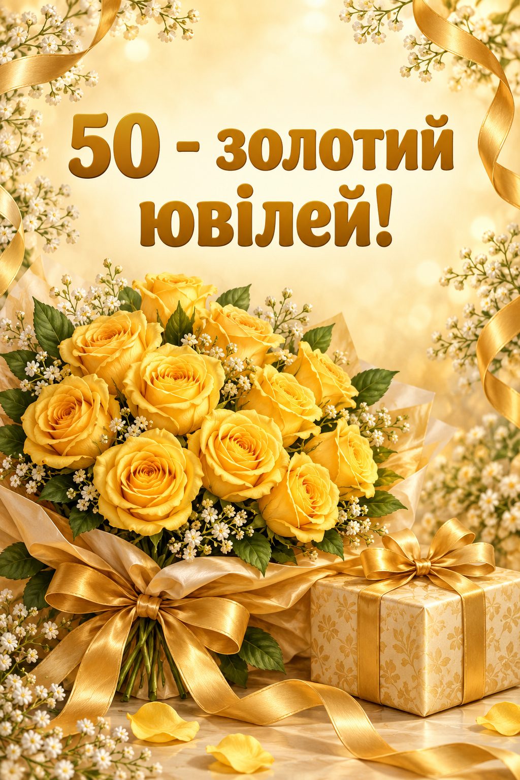 Листівка з ювілеєм: букет золотаво-жовтих троянд із золотою стрічкою й подарунок, напис «50 - золотий ювілей!»