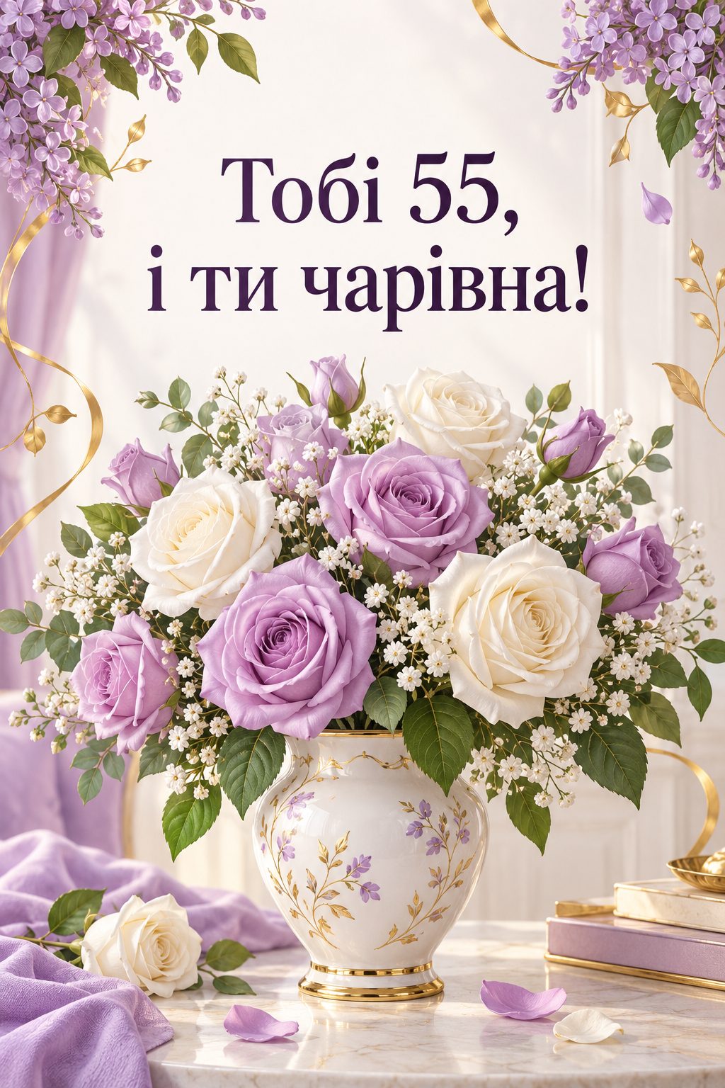 Листівка з ювілеєм: букет бузку й білих троянд у порцеляновій вазі, напис «Тобі 55, і ти чарівна!»