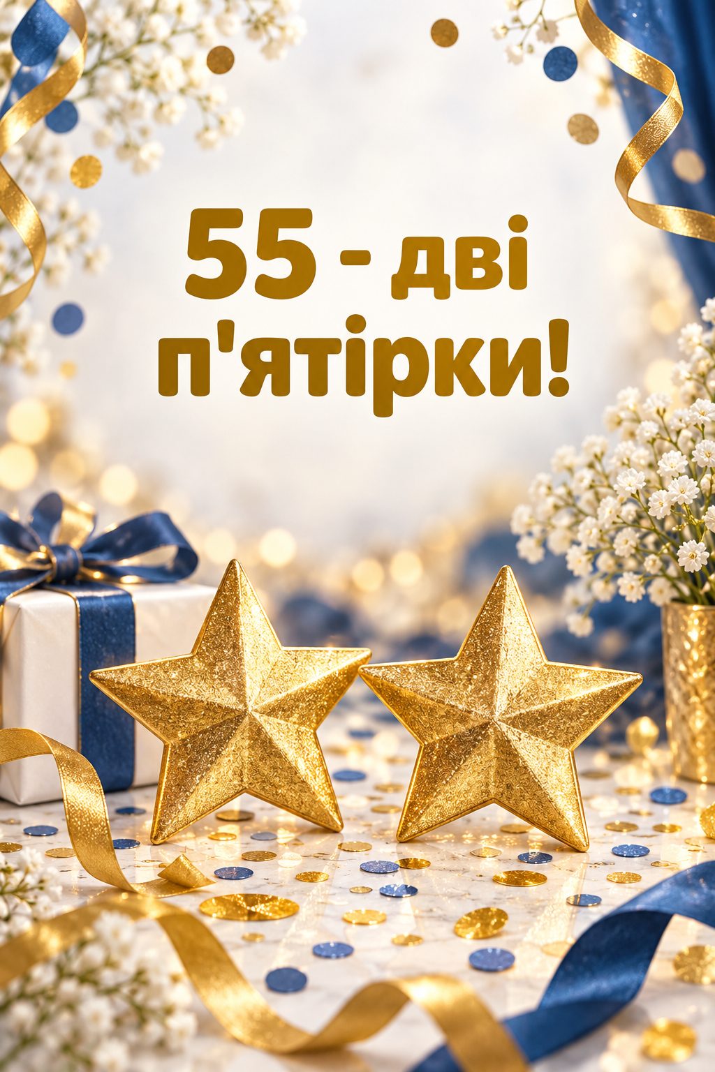 Листівка з ювілеєм: дві золоті зірки на святковому столі з конфеті, напис «55 - дві п'ятірки!»