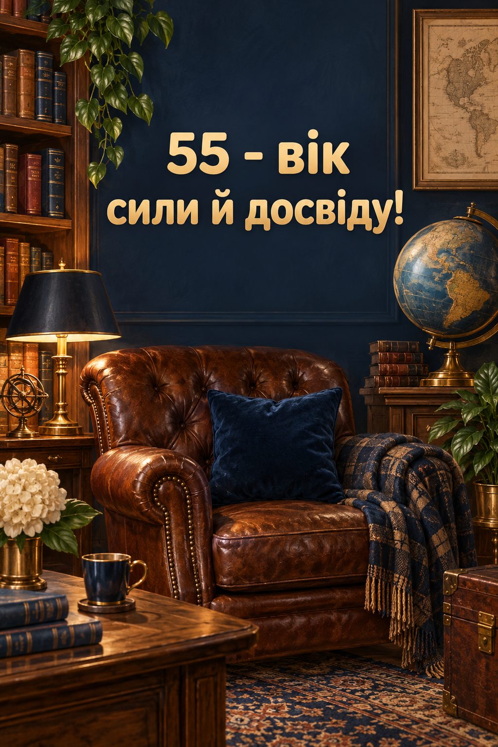 Листівка з ювілеєм: шкіряне крісло, глобус і книжкові полиці в кабінеті, напис «55 - вік сили й досвіду!»