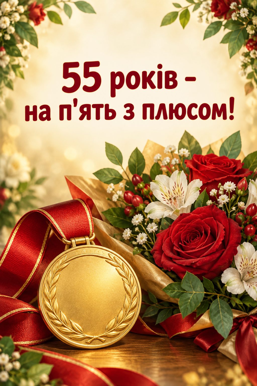 Листівка з ювілеєм: золота медаль на стрічці поруч із букетом, напис «55 років - на п'ять з плюсом!»