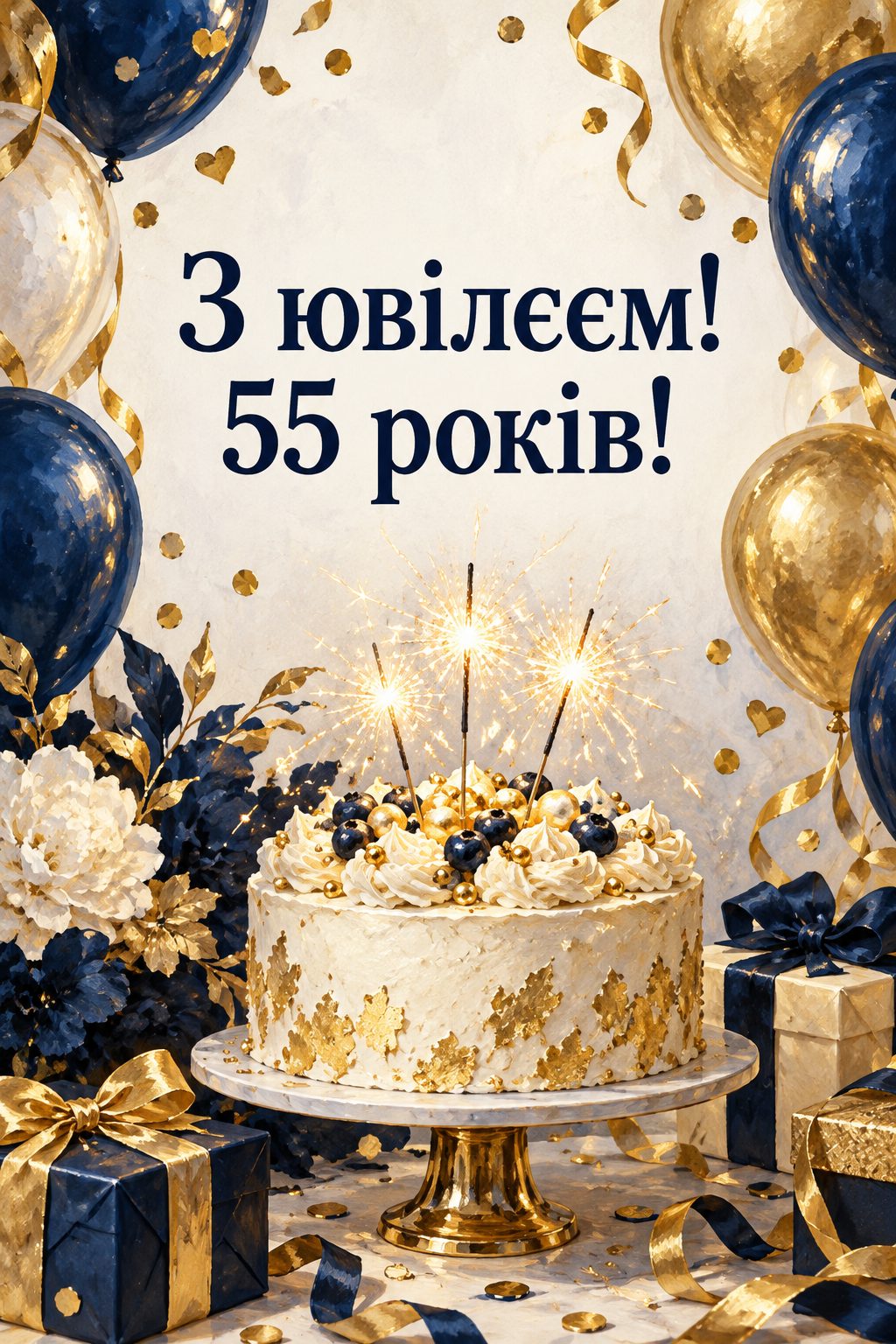 Листівка з ювілеєм: торт із бенгальськими вогниками, сині й золоті кульки, напис «З ювілеєм! 55 років!»
