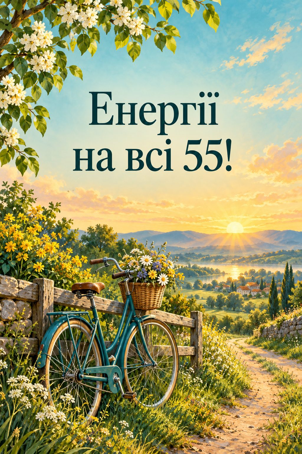 Листівка з ювілеєм: велосипед біля паркану край польової дороги на світанку, напис «Енергії на всі 55!»