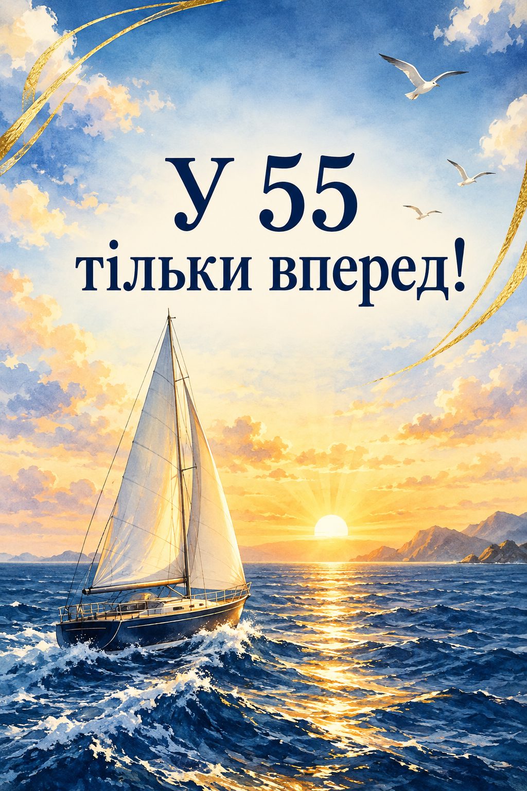 Листівка з ювілеєм: вітрильник у відкритому морі на світанку, напис «У 55 тільки вперед!»