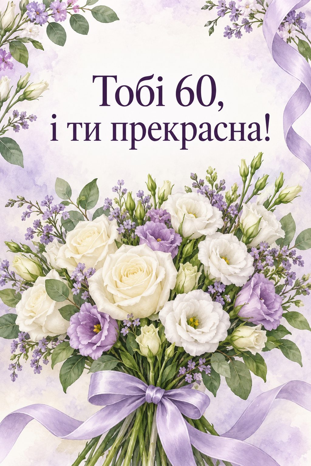 Листівка з ювілеєм: букет білих троянд та еустоми з атласною стрічкою, напис «Тобі 60, і ти прекрасна!»