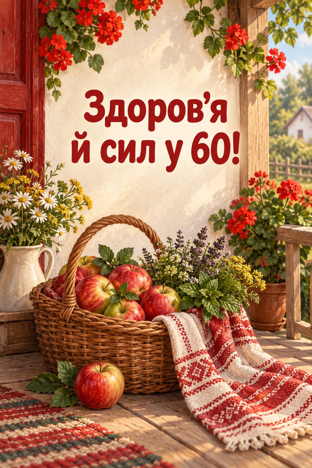 Листівка з ювілеєм: кошик яблук і зелені на ґанку, напис «Здоров'я й сил у 60!»