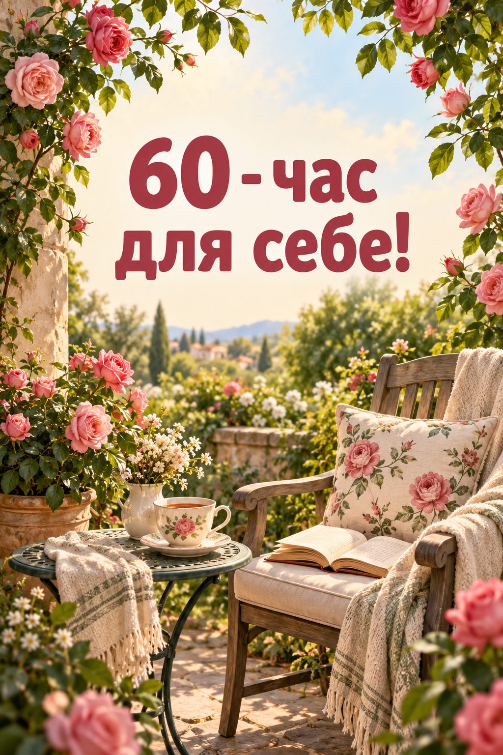 Листівка з ювілеєм: садове крісло з книжкою й чаєм серед троянд, напис «60 - час для себе!»