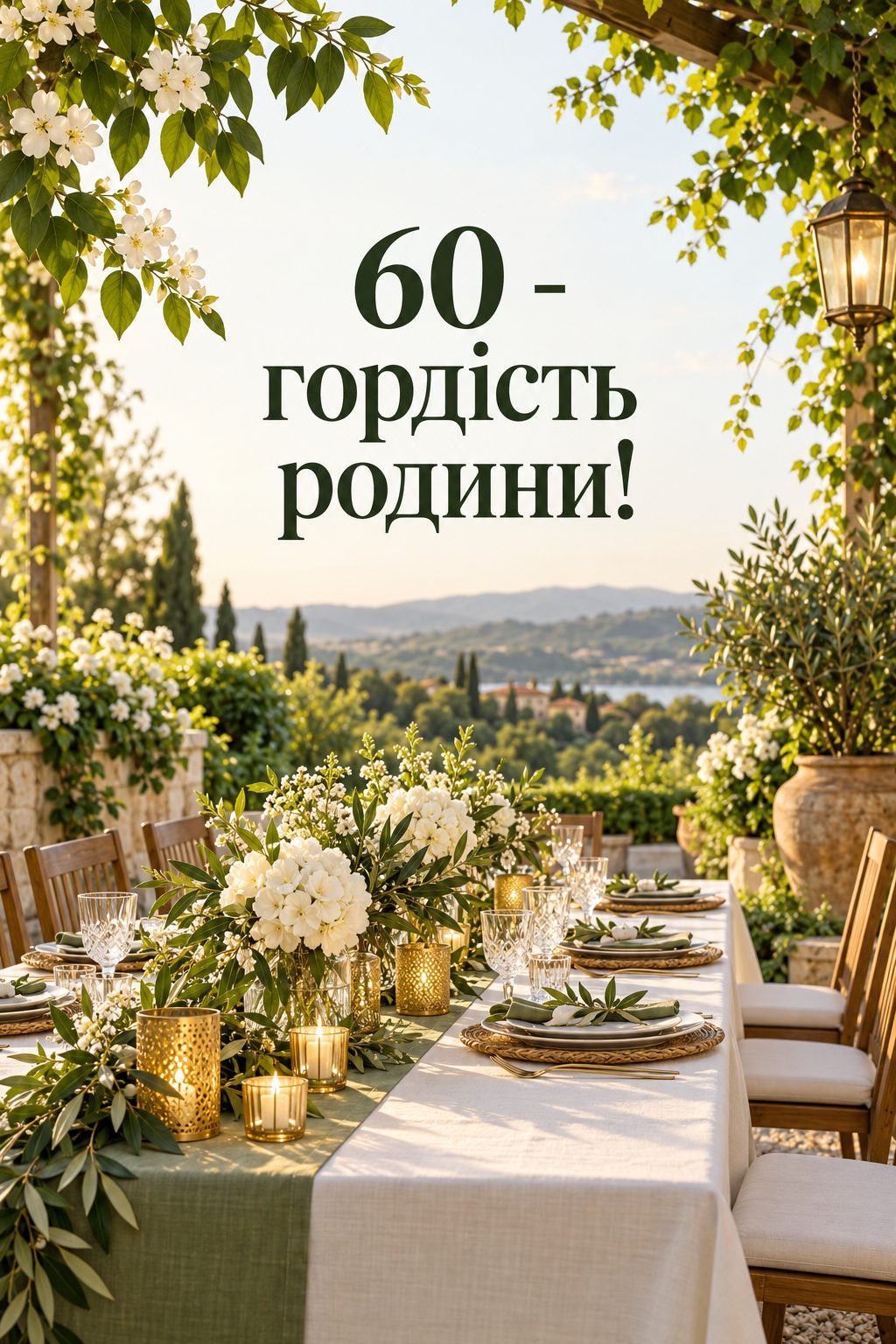 Листівка з ювілеєм: довгий родинний стіл у літньому саду, напис «60 - гордість родини!»