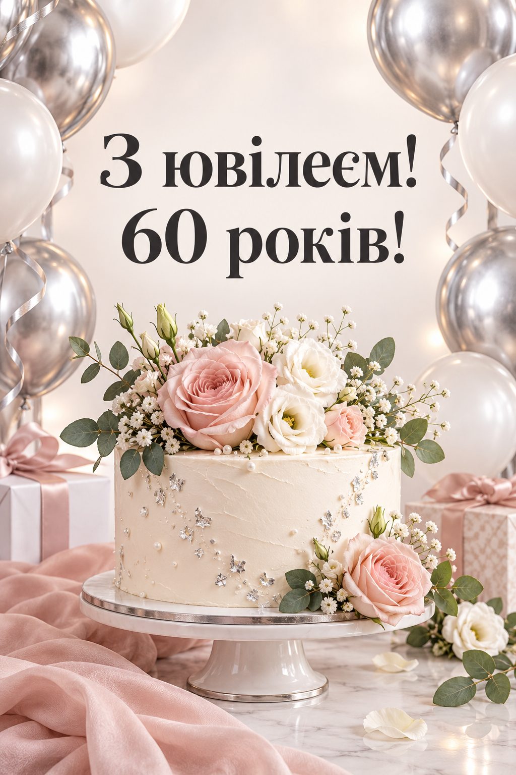 Листівка з ювілеєм: святковий торт із живими квітами, срібні й білі кульки, напис «З ювілеєм! 60 років!»