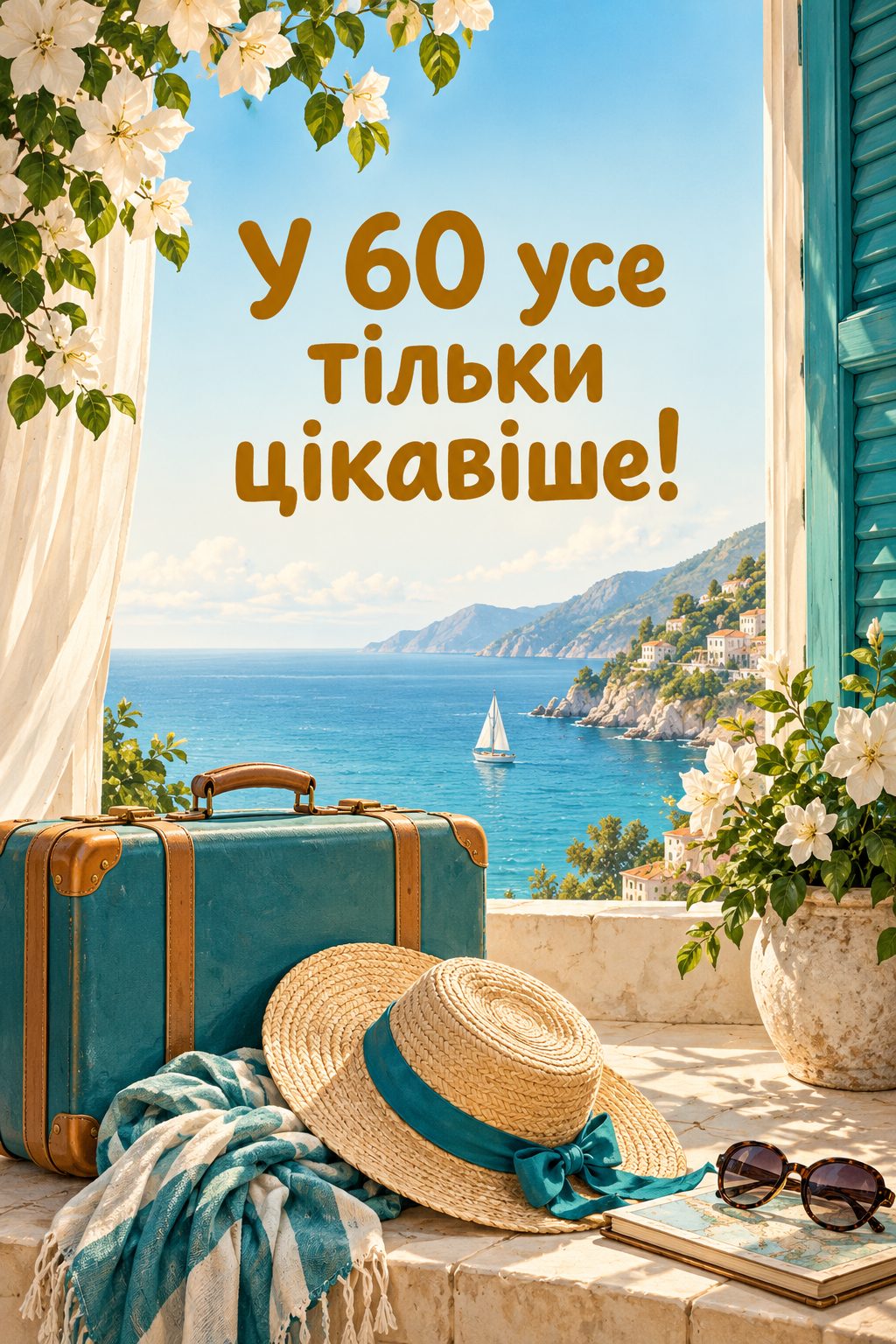 Листівка з ювілеєм: валіза й солом'яний капелюх біля вікна з видом на море, напис «У 60 усе тільки цікавіше!»