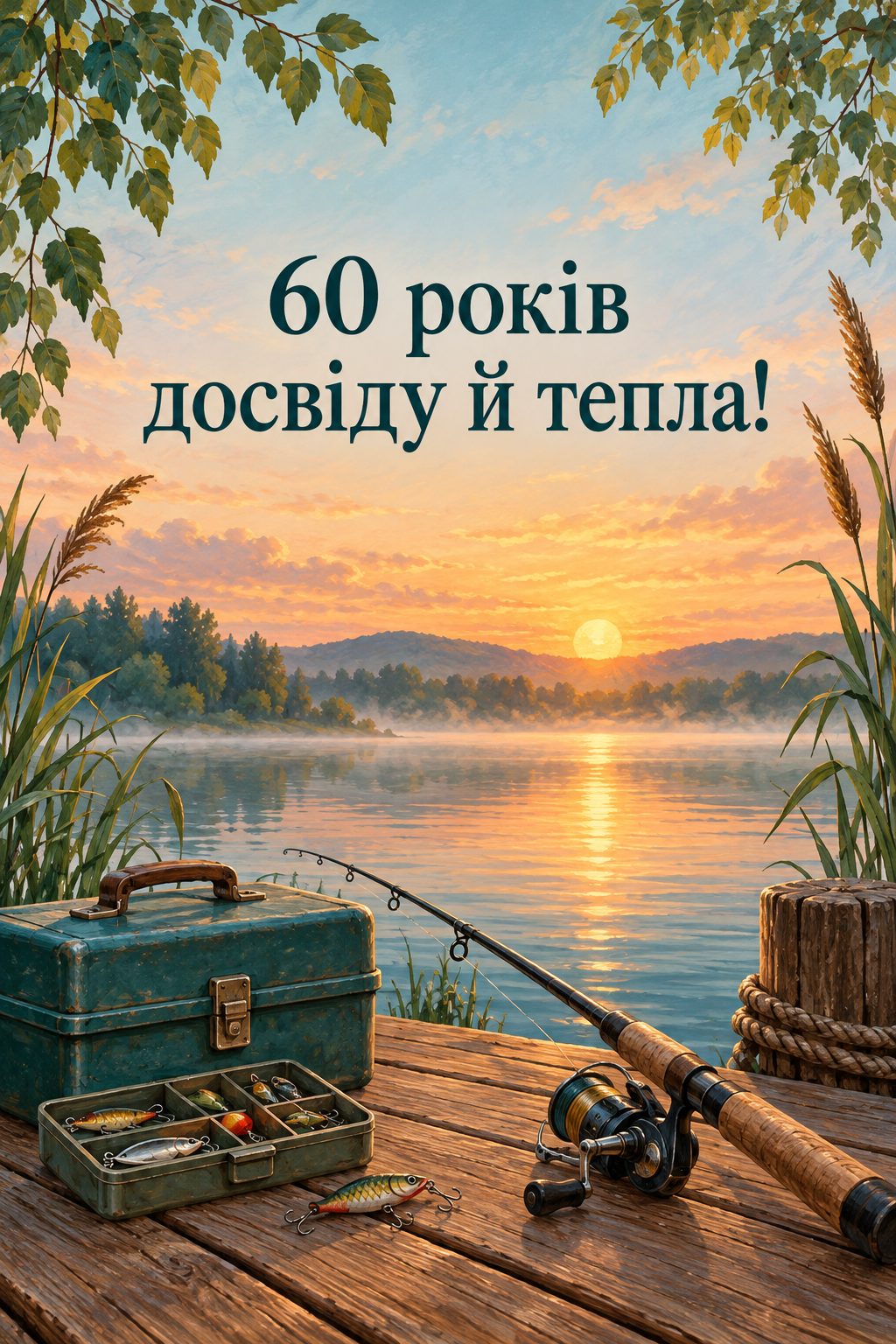 Листівка з ювілеєм: вудка й скринька для снастей на причалі на світанку, напис «60 років досвіду й тепла!»