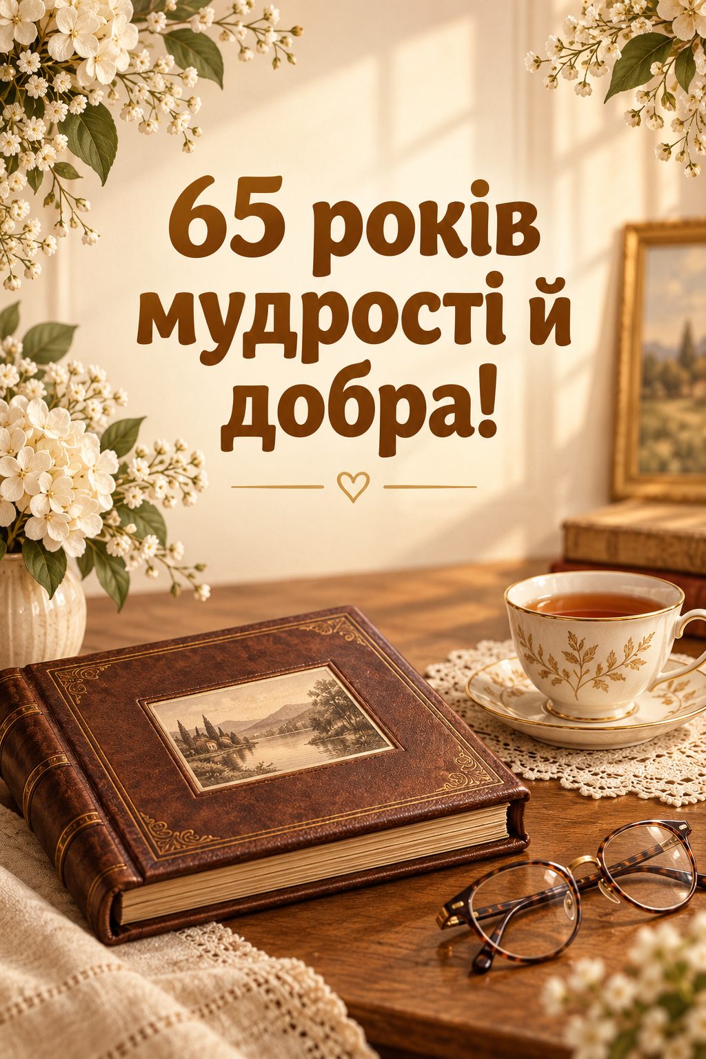 Листівка з ювілеєм: закритий шкіряний фотоальбом, окуляри й чашка чаю, напис «65 років мудрості й добра!»