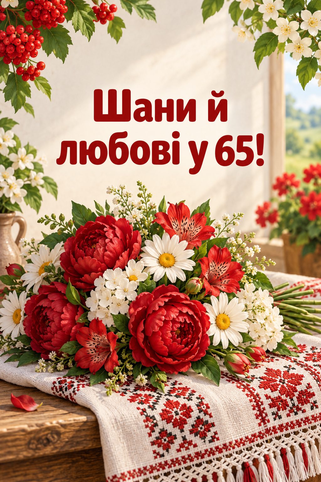 Листівка з ювілеєм: букет садових квітів на вишитому рушнику, напис «Шани й любові у 65!»