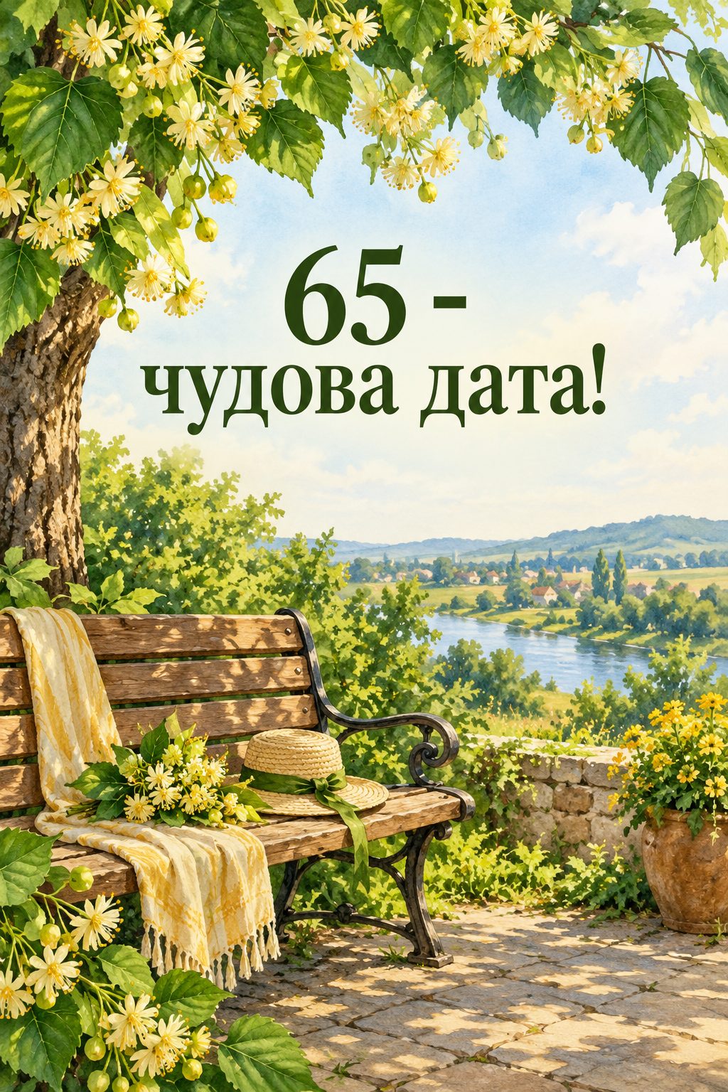 Листівка з ювілеєм: дерев'яна лава під квітучою липою, напис «65 - чудова дата!»