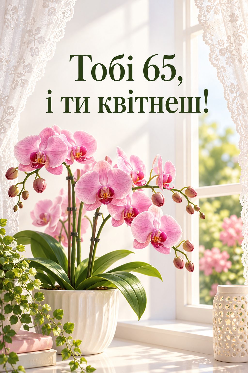 Листівка з ювілеєм: орхідея у вазоні на сонячному підвіконні, напис «Тобі 65, і ти квітнеш!»