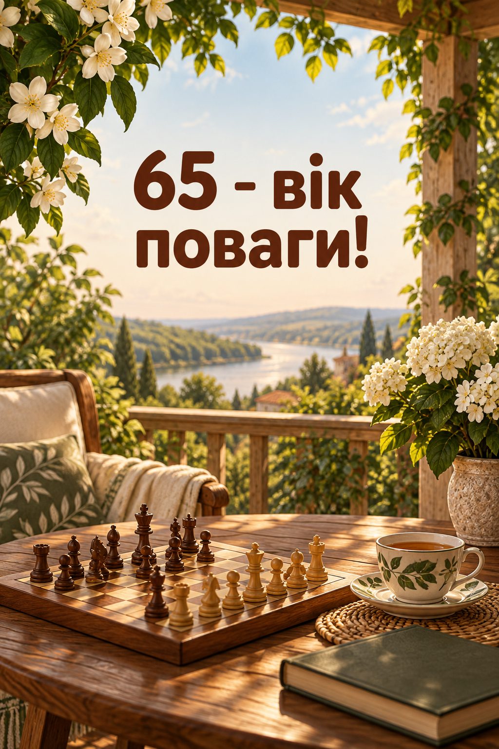 Листівка з ювілеєм: шахівниця й чашка чаю на сонячній веранді, напис «65 - вік поваги!»