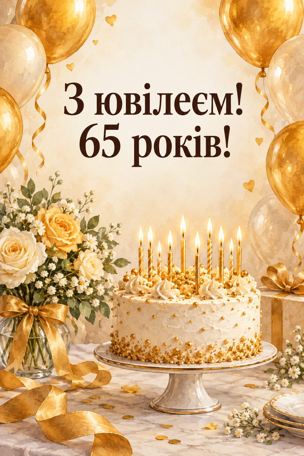 Листівка з ювілеєм: торт зі свічками й бурштинові кульки, напис «З ювілеєм! 65 років!»