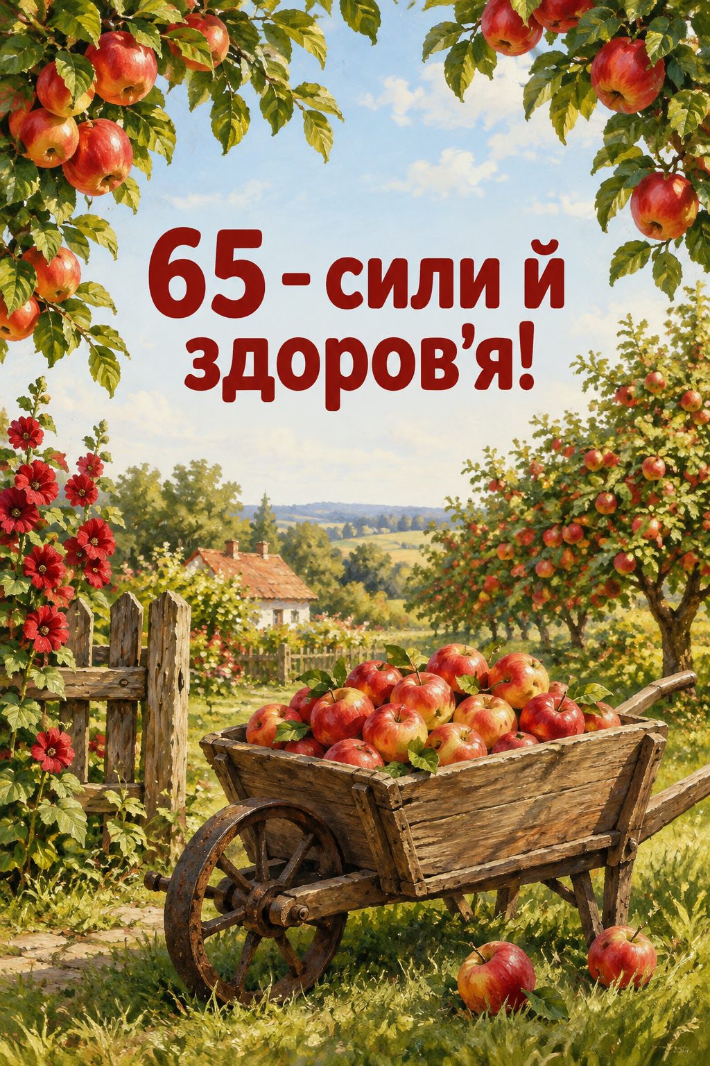 Листівка з ювілеєм: яблуневий сад і тачка з яблуками, напис «65 - сили й здоров'я!»